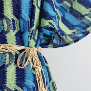 70s bohemian goddess maxi dress, 1970s psychedelic hostess gown - muted neon green/navy/sky blue - m/l