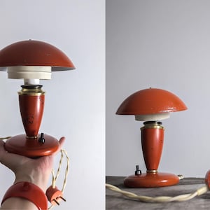1960s mushroom shape lamp art deco/mid-century mushroom red distressed metal bedside lamp bauhaus style desk table lamp small 