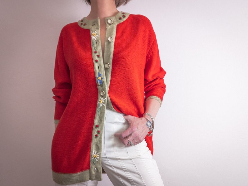 Bavarian embroidered cardigan sweater longline, vintage 1990s edelweiss alpine embroidery, carrot red and taupe acrylic yarn button closure image 1