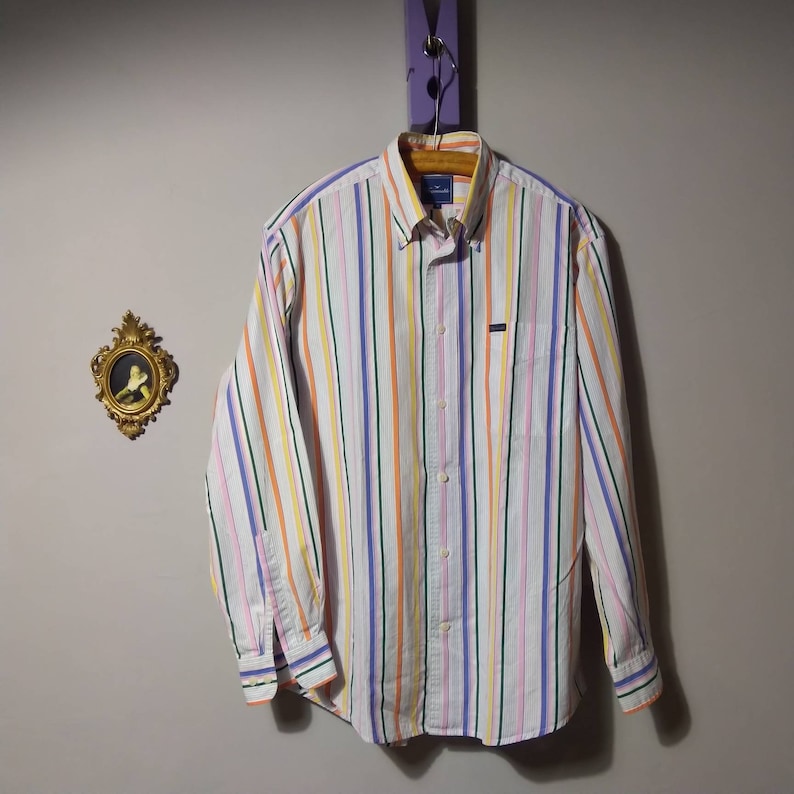 pre-owned Faconnable Rainbow Striped Button Down Shirt M