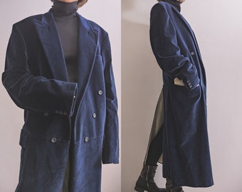 Velvet frock coat Victorian Edwardian-inspired vintage 1950s tailored bespoke made long formal men's coat sapphire blue velvet overfrock