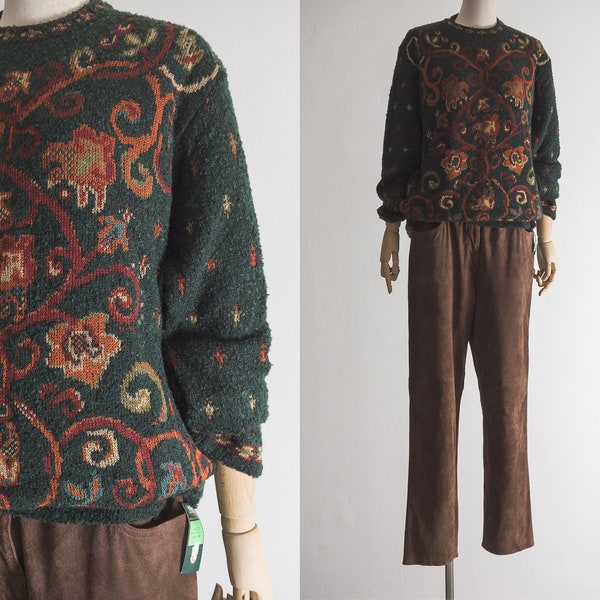 intarsia knit sweater loopy textured longline jumper NWT 1990s st Michael Marks & Spencer baroque crew pullover long deep green background