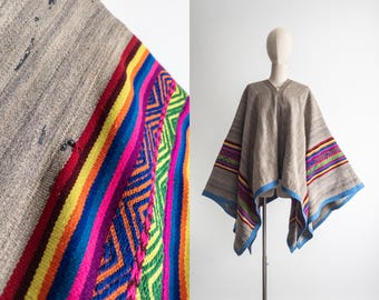 antique vintage andean poncho, early 20th century weaving, handwoven sheep wool keystone gray woven pattern, 53" x 58"