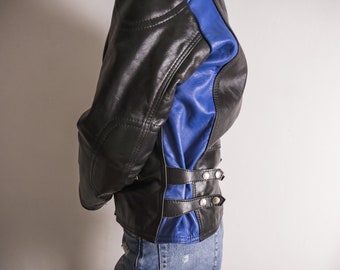 1970's Manx Leathers Logo Biker Jacket Vintage Black Blue