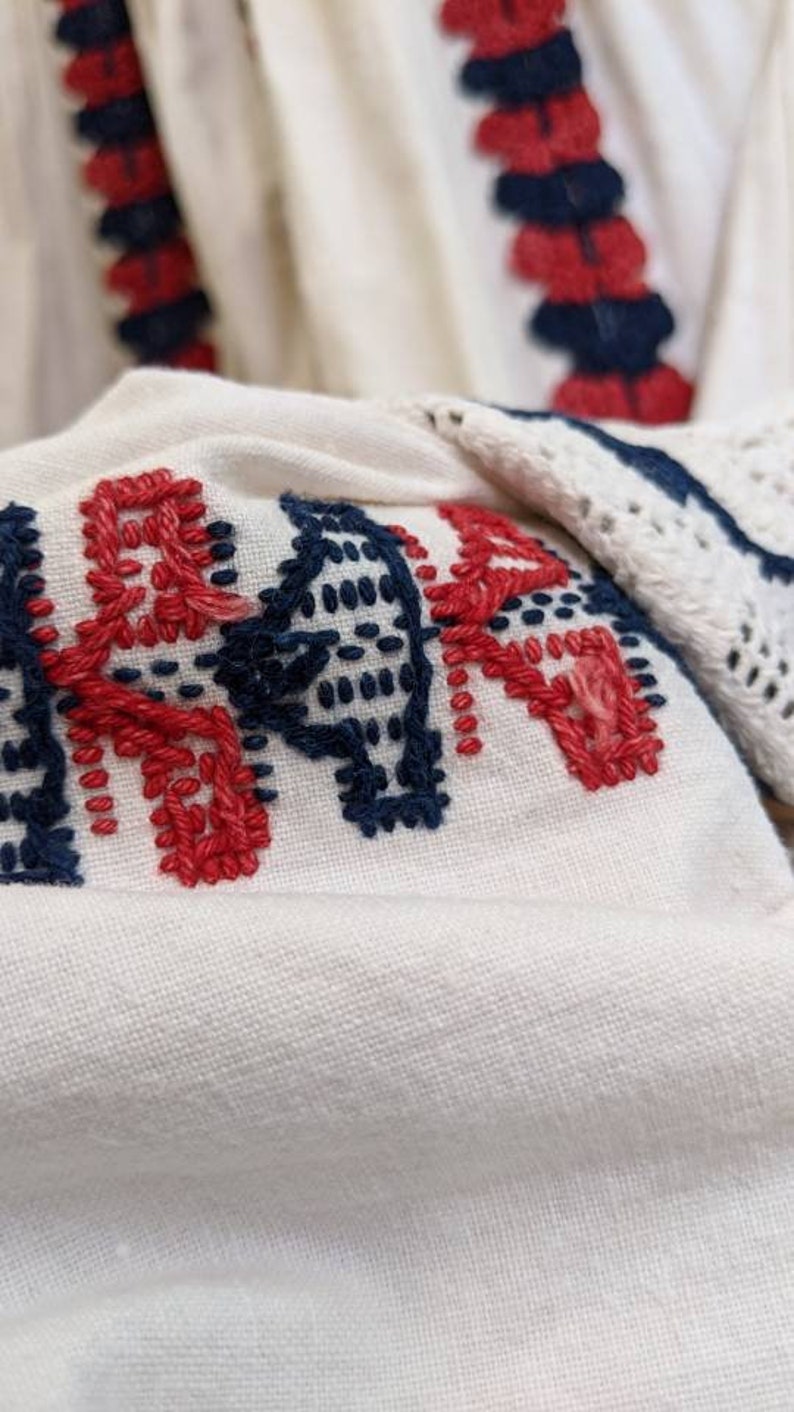 antique vintage hand embroidered boucle stitches folk skirt with scalloped crochet lace edging hem