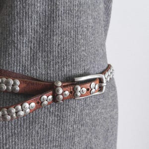 studded brown leather belt vintage liebeskind berlin (m/l) fish scale flakes rivets leather metal studded leather belt