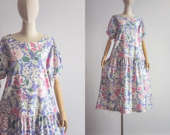 Laura Ashley day dress—pastel watercolor/floral pattern—violet/white/pink/mauve pink/sage green/grass green/tan