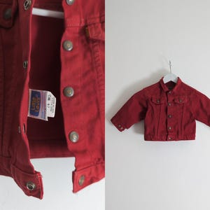 vintage toddler tomato red trucker jacket - 24m / 2t, 5 snap buttons, orange tab, late 80s – early 90s retro