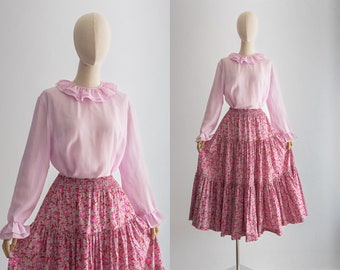 1960s pink pierrot collar blouse, ruffle cuffs, semi-sheer top