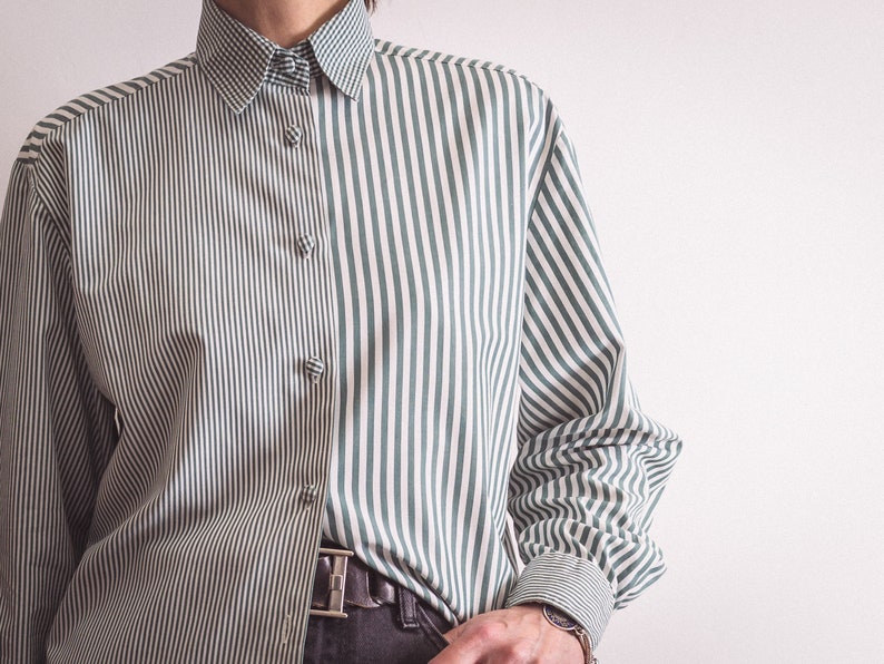 preppy striped dress shirt vintage 1980s 1990s by Comtesse, sage green and white vertical stripes and gingham/vichy check/plaid cotton image 4