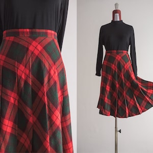 English tartan pleated skirt vintage 70s by of London Freemans acrylic wool tweed skirt with pleats. scarlet red forest green tartan designs