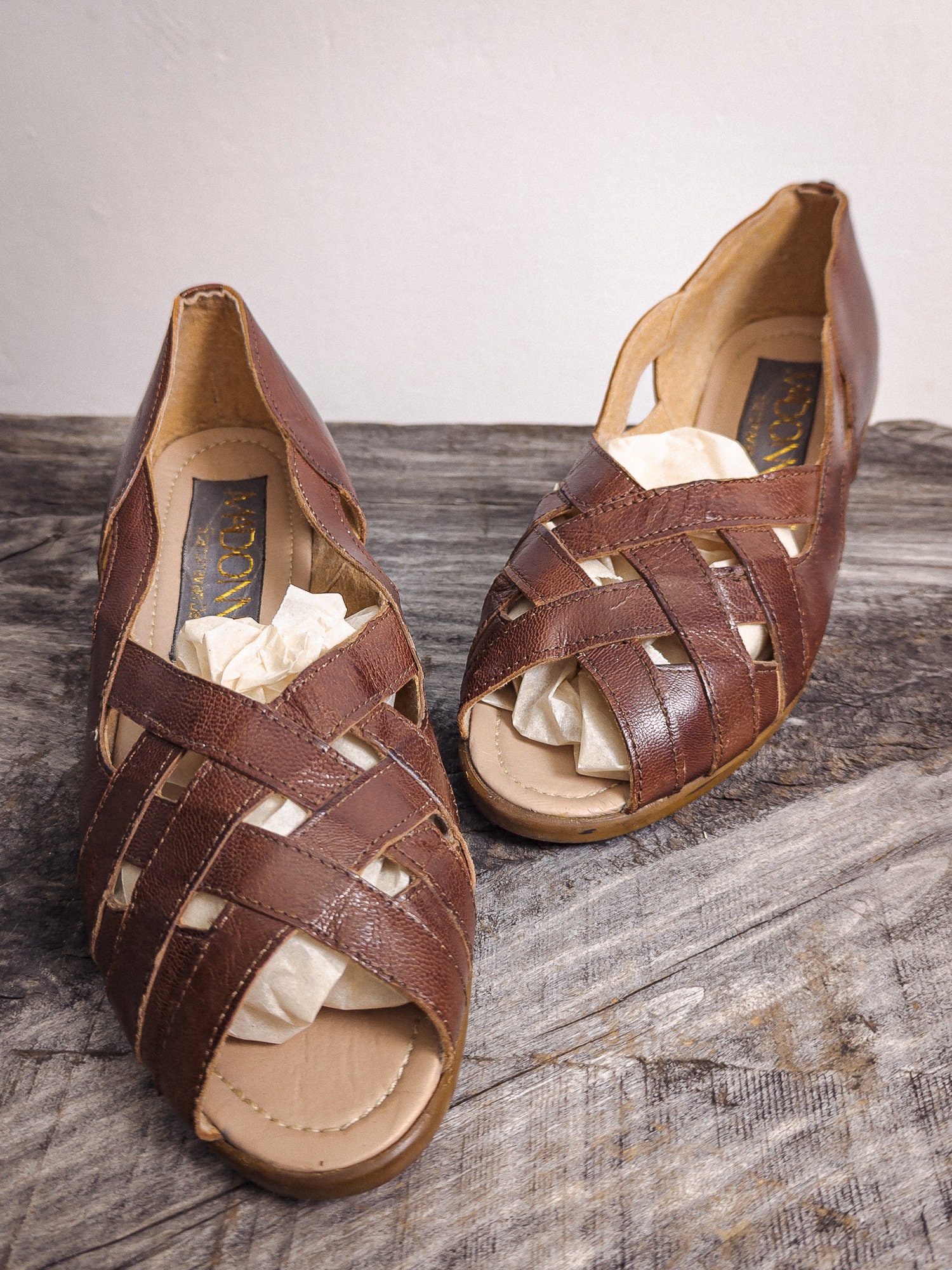 Paloma Vintage Shoes - Etsy Vintage Paloma Brown Italian Leather Peep Toe Wedge Heel, Size 8 main image 1
