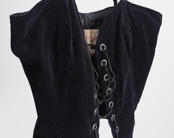 1970s black velvet corset top – 70s vintage bustier by janet reger, lace up front, adjustable straps, size 38