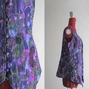 Indian 1990s Phool quilted vest groovy multi purple sleeveless jacket / small - medium