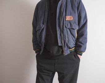 Canvas Bomber Jacket With Sherpa Leather Collar and Leather