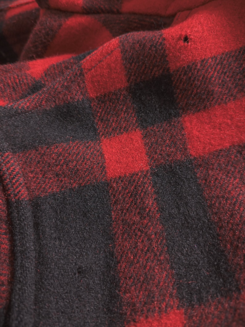 May include: Red and black checked fabric with a soft, fuzzy texture.