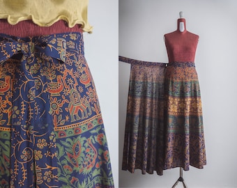 dark ethnic long skirt India origin hand blockprint cotton indian maxi wrap around skirt - m - large - navy/green/natural clay/ochre