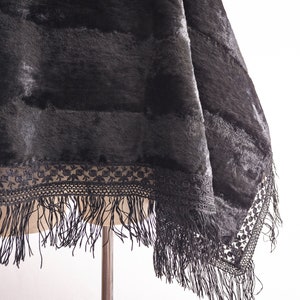 black mohair velvet stole fringe floral lace trim shawl woman&#39;s wrap vintage