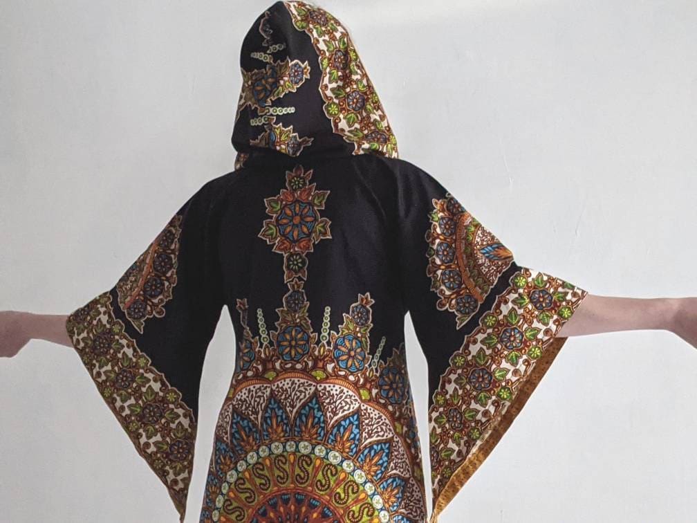 Vintage 60S 70S Mina Of England Carnaby Street Hooded Long Kaftan Flared Sleeved Ethnic Bohemian Free People Caravan Festival Caftan