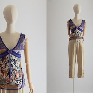 2000s Save The Queen Italy multi embellished - floral print, crochet, partially mesh, stretchy artsy sleeveless top purple tank top | medium