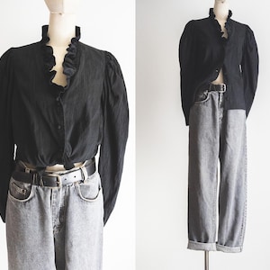 black poet blouse wild silk – ruffled v neck, long sleeves with puff shoulders, peasant silk blouse, vintage 1980s style top - s/m