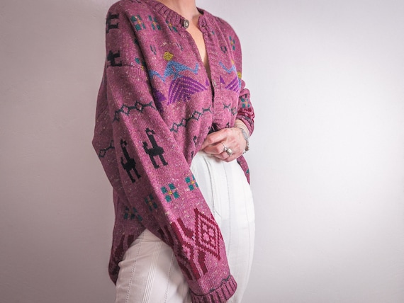 Italian aztec llama intarsia knit cardigan sweate… - image 1