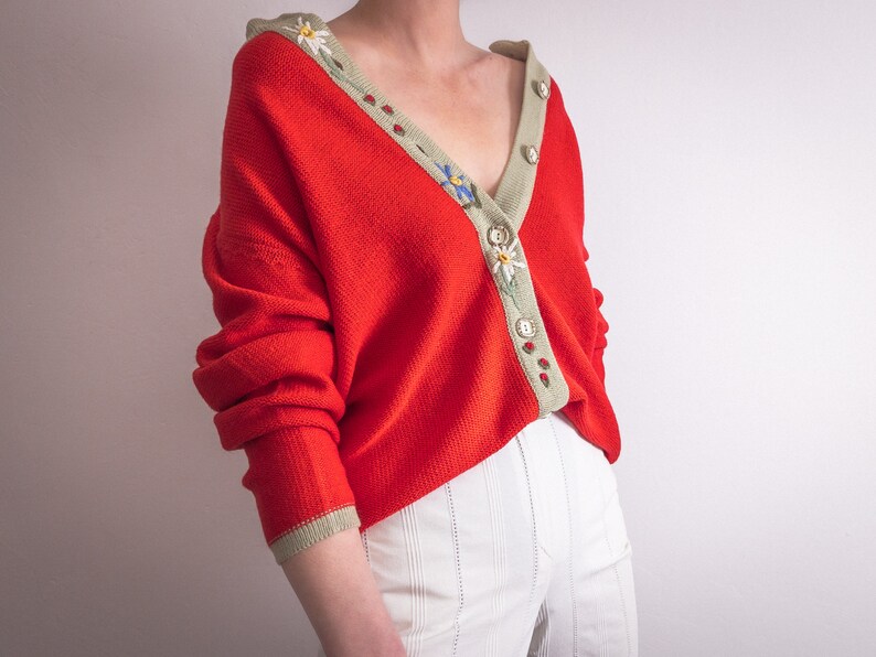 Bavarian embroidered cardigan sweater longline, vintage 1990s edelweiss alpine embroidery, carrot red and taupe acrylic yarn button closure image 3