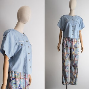 1980s fashion chambray blouse