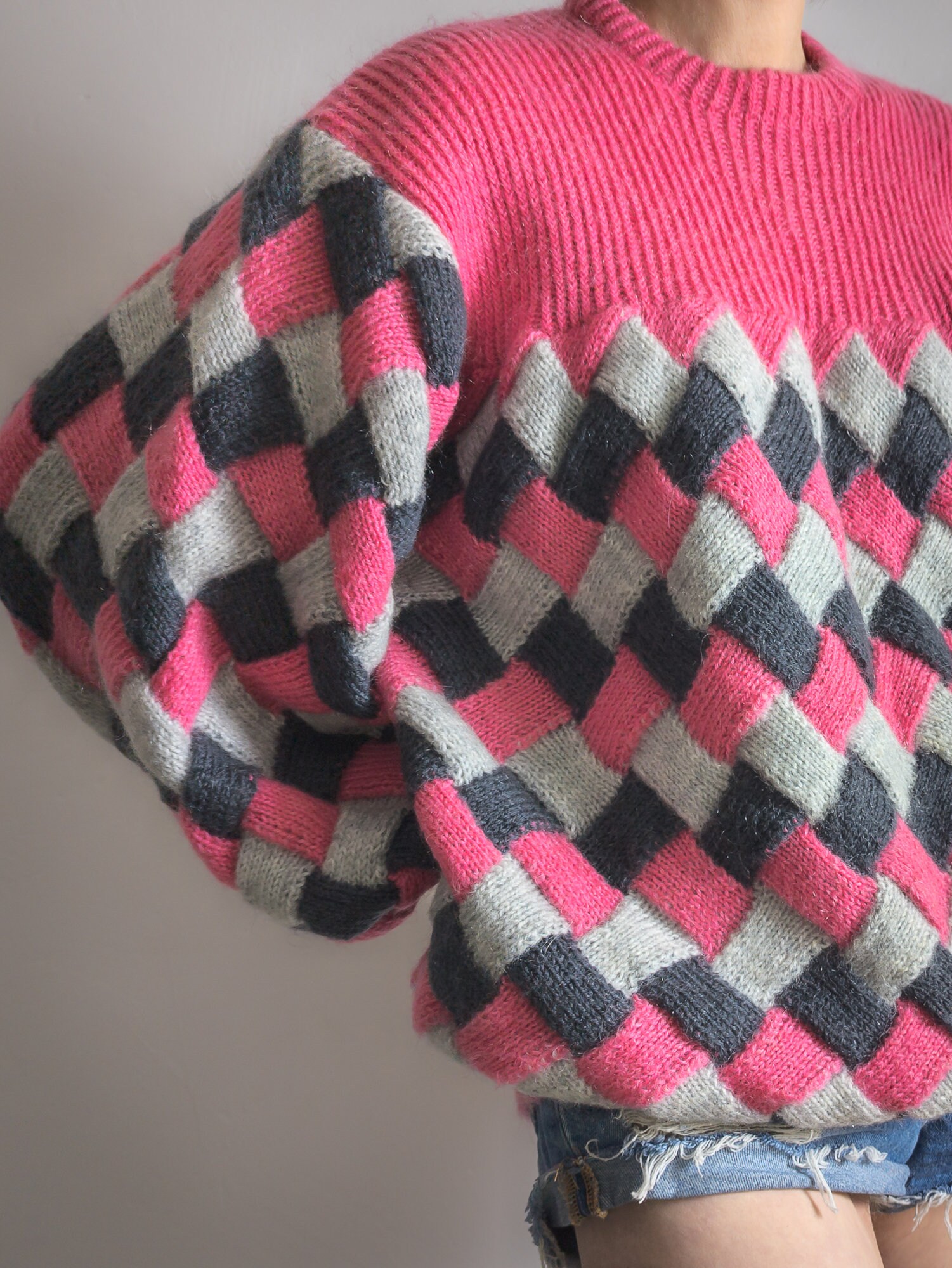 Checkered Knit Sweater Balloon Sleeve Knit Check Jumper Vintage Hand ...