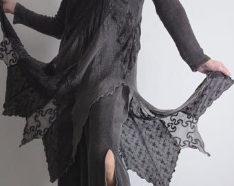 whimsigoth lagenlook dress dark layered kaftan dress w/semisheer mesh sleeves romantic boho-chic witchy dress fairy bohemian gothic dress