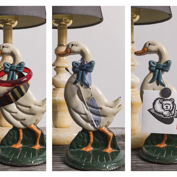 old rustic enameled cast iron goose duck vintage farmhouse shabby chic home decor peasant girl holder idea