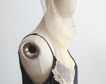 antique lace veil victorian embroidered tambour-work tulle tambour lace lappet scarf ecru head piece