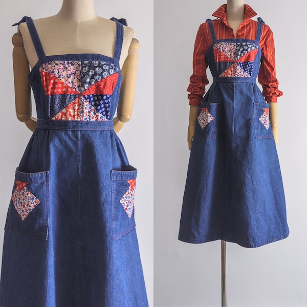 denim jumper patchwork dress 1970s vintage fit and flare soft middleweight cotton zip up the back tie shoulders and tie waist apron pockets
