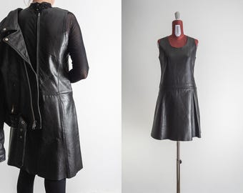vintage 60s mod leather jumper dress - drop waist black go-go shift dress s/m