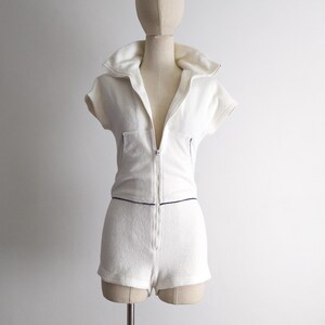 vintage white terry cloth unitard retro sports jumpsuit romper xxs/xs