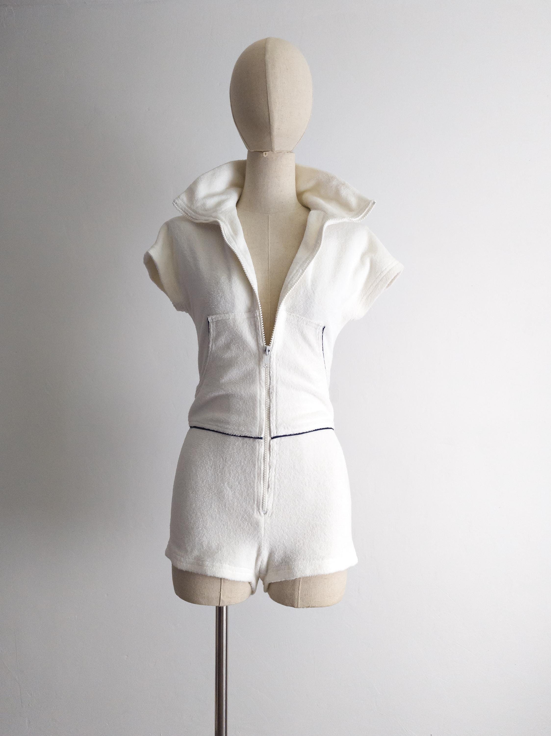 vintage white terry cloth unitard retro sports jumpsuit romper xxs/xs