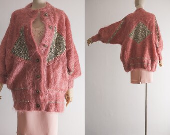 80s Hand Knit Dusty Pink Wool Cardigan