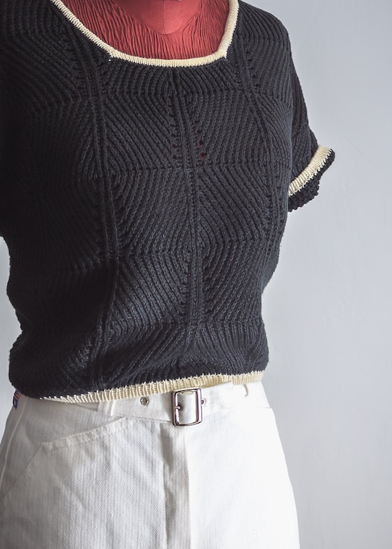 black granny square knit linen sweater tee croppe… - image 3