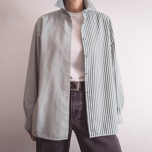 preppy striped dress shirt vintage 1980s 1990s by Comtesse, sage green and white vertical stripes and gingham/vichy check/plaid cotton