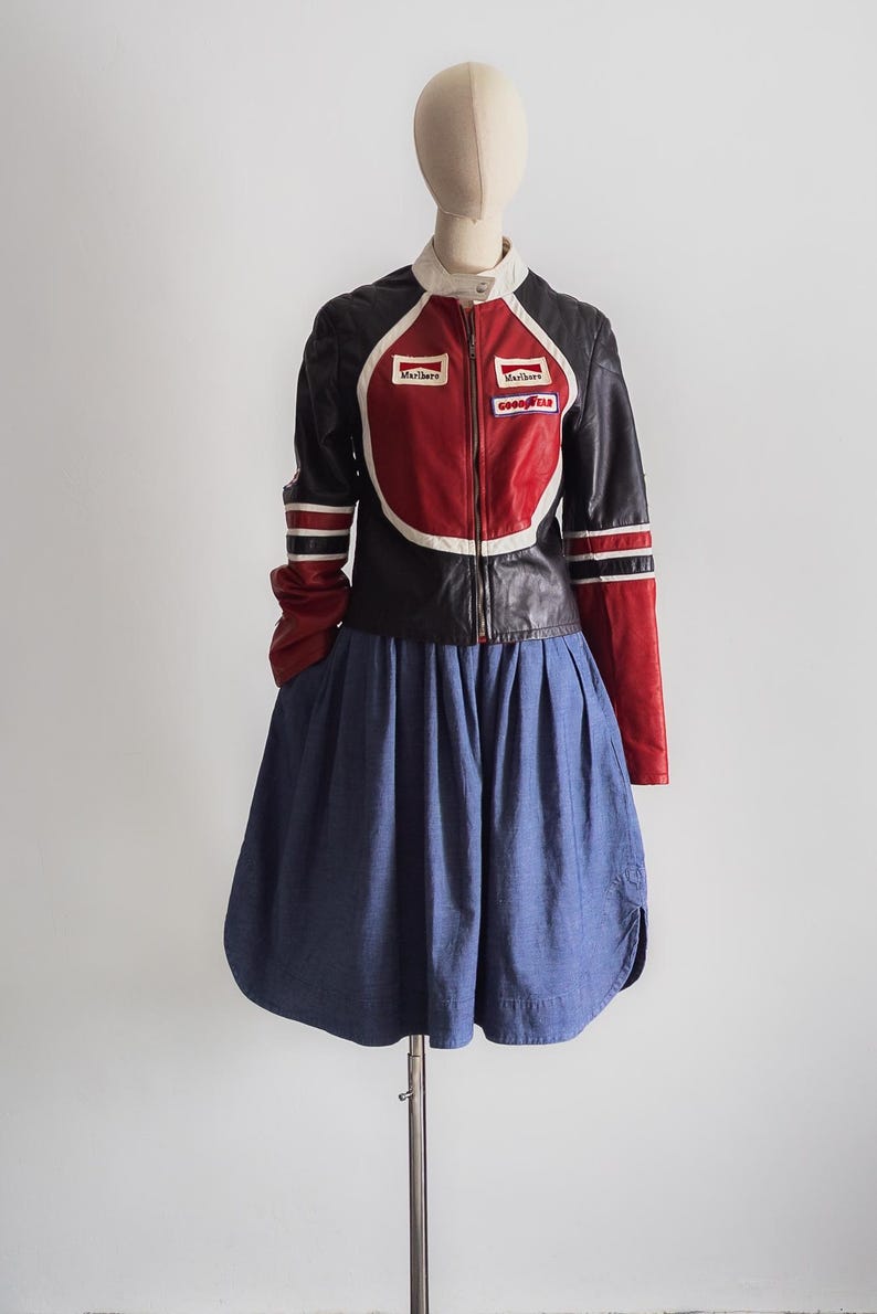 Colorblock Racing Jacket Vintage Cropped Fashion Racing Jacket, Race Sponsor Patches, Red Black ...
