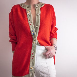 Bavarian embroidered cardigan sweater longline, vintage 1990s edelweiss alpine embroidery, carrot red and taupe acrylic yarn button closure image 2