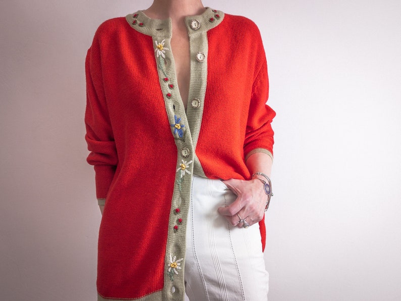 Bavarian embroidered cardigan sweater longline, vintage 1990s edelweiss alpine embroidery, carrot red and taupe acrylic yarn button closure image 2