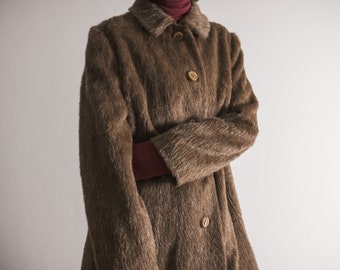 llama hair wool coat vintage 80s German lightweight long hair fur coat in chestnut brown