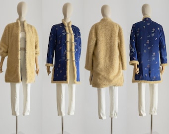 1960s Peony Brand Shanghai China fur lined coat sapphire satin jacket vintage Chinese Cheongsam embossed royal satin reversible jacket small