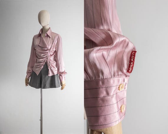 vintage satiny charm orchid pink blouse, fitted pinstripe top, italy, draped front, asymmetrical two-way zipper, long sleeves, women's s-m