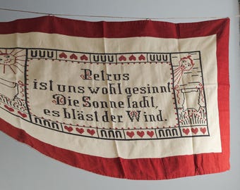 1930s german linen wall hanging – embroidered religious weather blessing