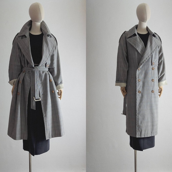 Glen plaid trench coat men's vintage 1980s exclusive style muted gray grey Glenurquhart check double-breasted boyfriend trenchcoat with belt