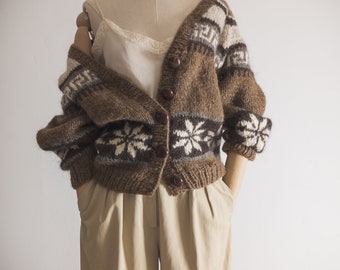 fuzzy snowflakes cardigan sweater vintage handknit knitwear cropped bracelet sleeve leather button dove brown earthy brown heather grey gray