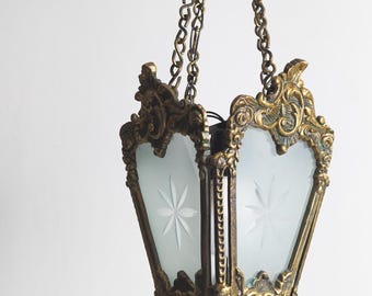 Antique Louis XV style bronze lantern chandelier. 4 sides, engraved glass. french rococo bronze and etched glass lantern hall light