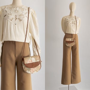 90s Laura Ashley bag cross-body purse canvas embossed leather trim, thin leather strap cross body bag purse, floral canvas purse with strap